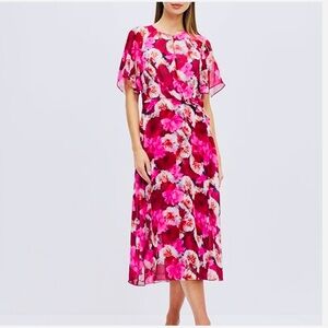 David Lawrence Vibrant Pink Floral Silk Dress. Size 14.
